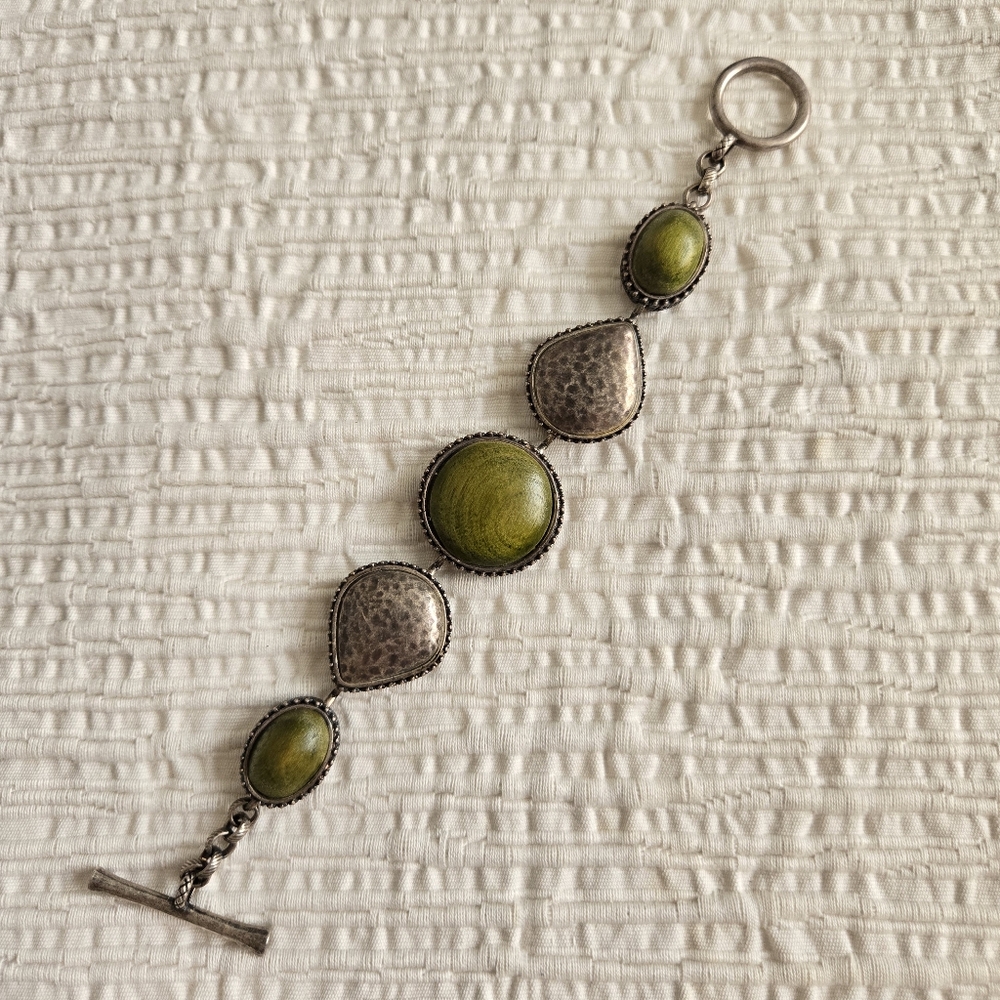 Lucky Brand Silver Metal & Green Wood Bracelet